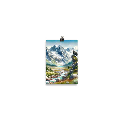 Aquarellmalerei eines Bären und der sommerlichen Alpenschönheit mit schneebedeckten Ketten - Poster camping xxx yyy zzz 12.7 x 17.8 cm