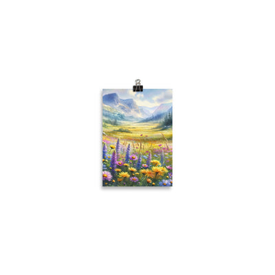 Aquarell einer Almwiese in Ruhe, Wildblumenteppich in Gelb, Lila, Rosa - Poster berge xxx yyy zzz 12.7 x 17.8 cm
