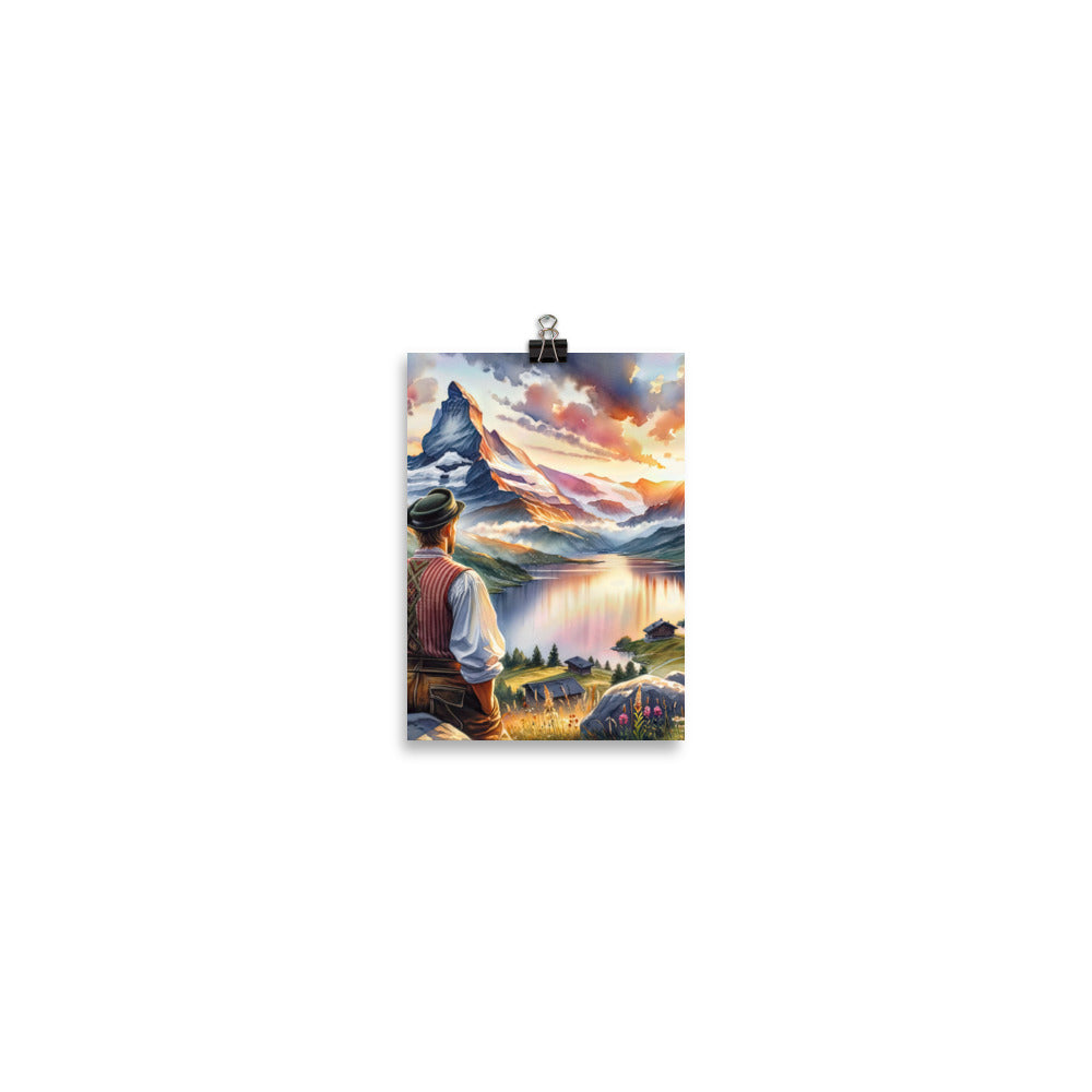 Aquarell einer Berglandschaft in der goldenen Stunde mit österreichischem Wanderer - Poster wandern xxx yyy zzz 12.7 x 17.8 cm
