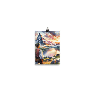 Aquarell einer Berglandschaft in der goldenen Stunde mit österreichischem Wanderer - Poster wandern xxx yyy zzz 12.7 x 17.8 cm