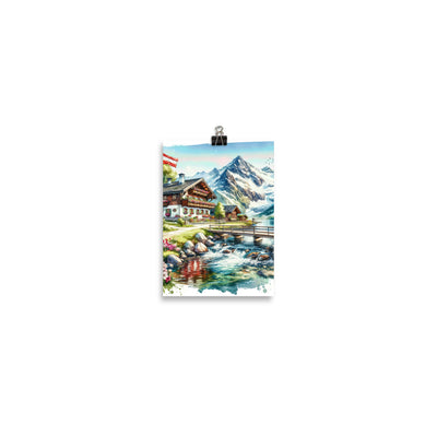 Aquarell der frühlingshaften Alpenkette mit österreichischer Flagge und schmelzendem Schnee - Poster berge xxx yyy zzz 12.7 x 17.8 cm