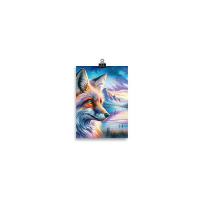 Aquarellporträt eines Fuchses im Dämmerlicht am Bergsee - Poster camping xxx yyy zzz 12.7 x 17.8 cm