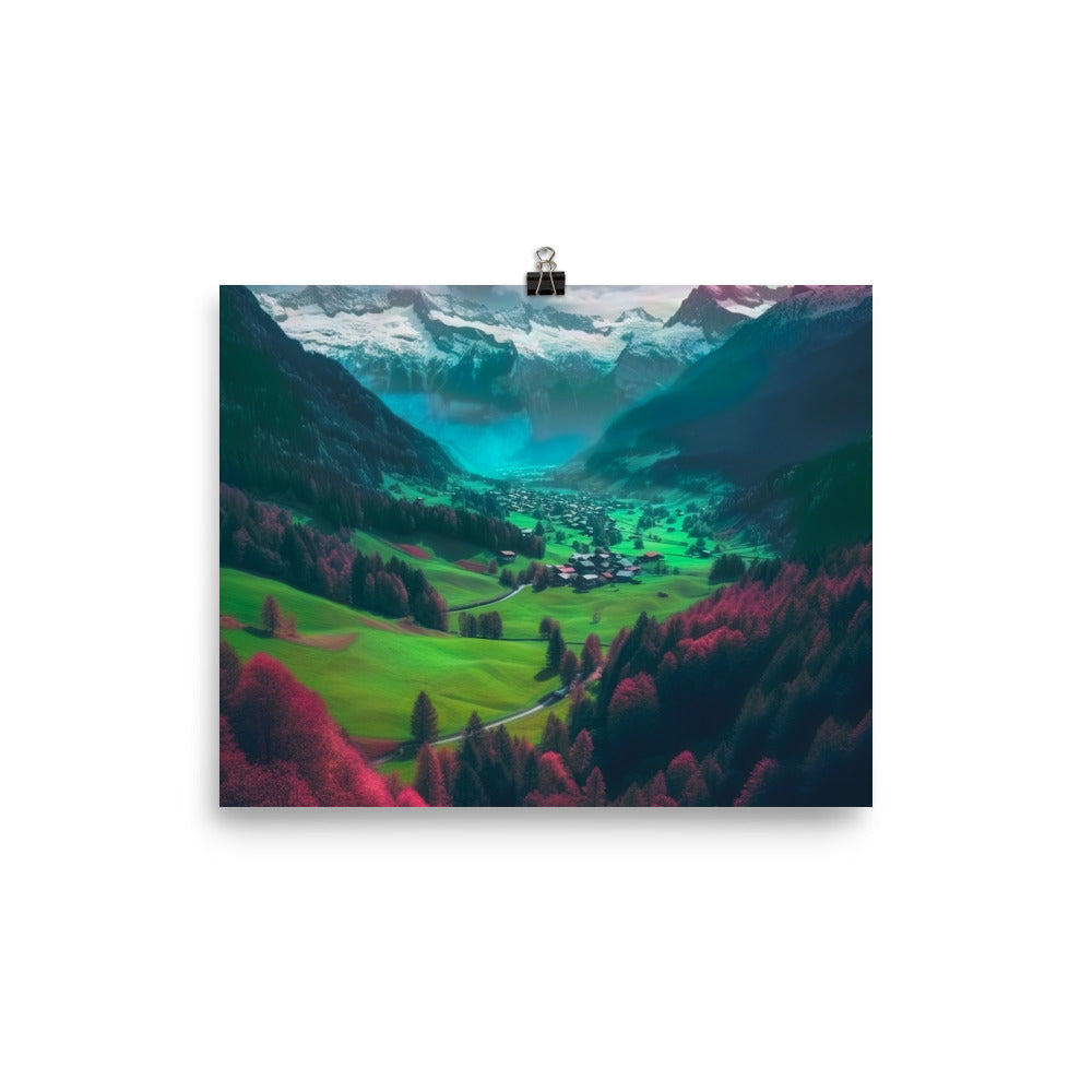 Berglandschaft und Dorf - Fotorealistische Malerei - Poster berge xxx 20.3 x 25.4 cm
