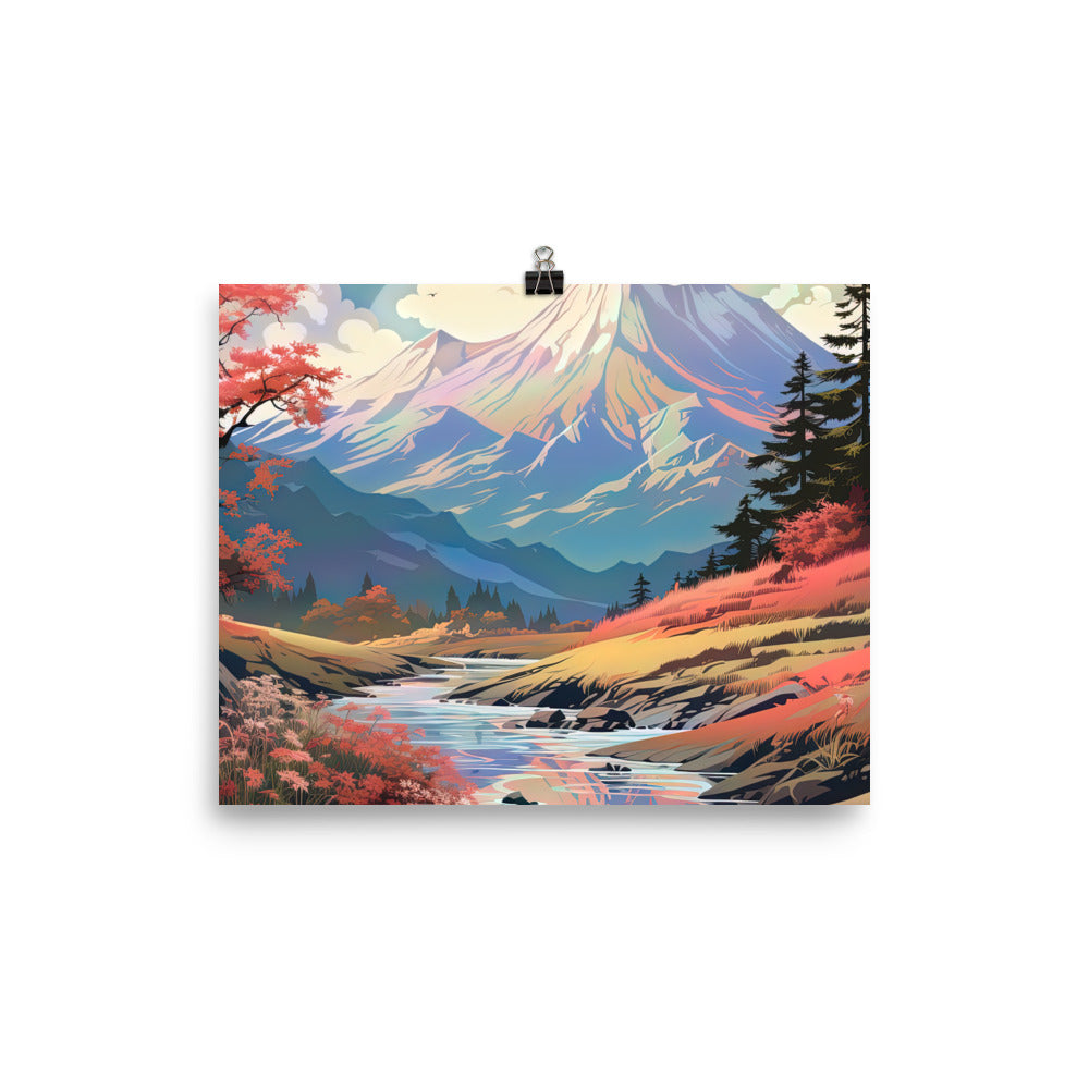 Berge. Fluss und Blumen - Malerei - Poster berge xxx 20.3 x 25.4 cm
