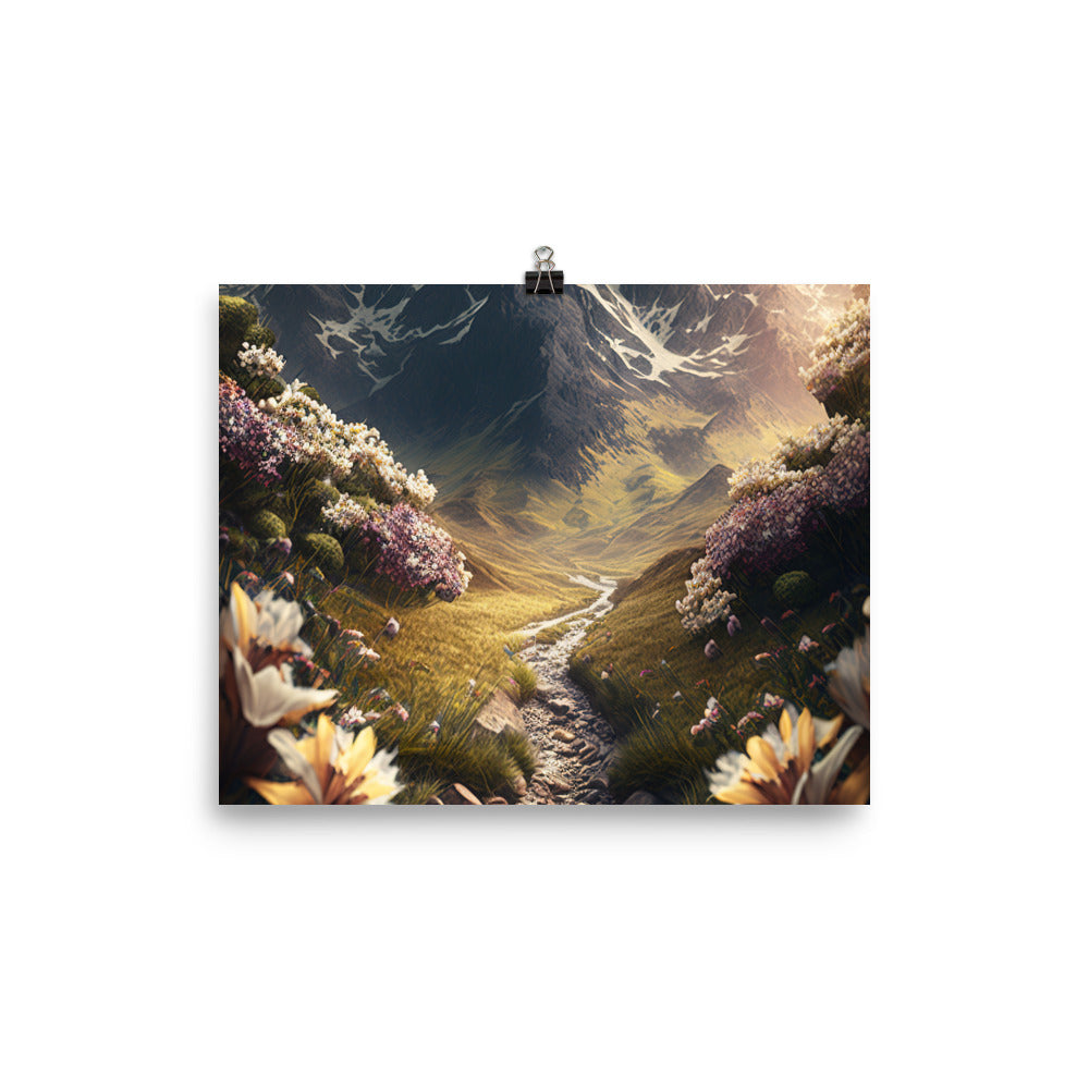 Epischer Berg, steiniger Weg und Blumen - Realistische Malerei - Poster berge xxx 20.3 x 25.4 cm