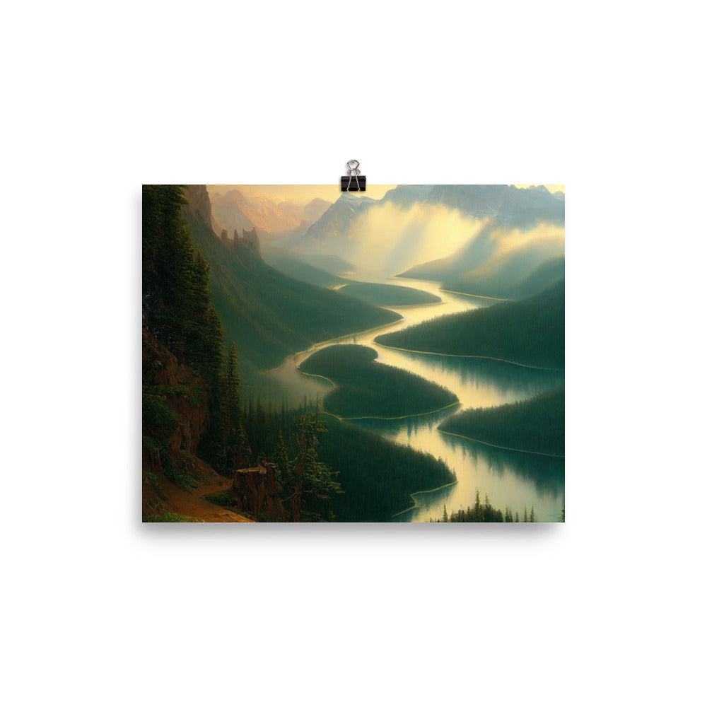 Landschaft mit Bergen, See und viel grüne Natur - Malerei - Poster berge xxx 20.3 x 25.4 cm