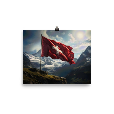 Schweizer Flagge und Berge im Hintergrund - Fotorealistische Malerei - Poster berge xxx 20.3 x 25.4 cm