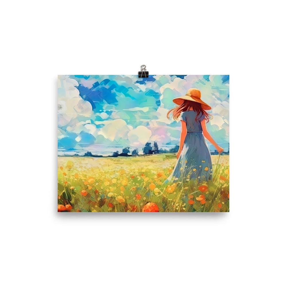 Dame mit Hut im Feld mit Blumen - Landschaftsmalerei - Poster camping xxx 20.3 x 25.4 cm