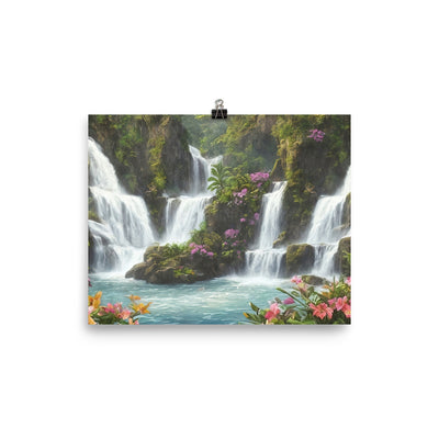 Wasserfall im Wald und Blumen - Schöne Malerei - Poster camping xxx 20.3 x 25.4 cm