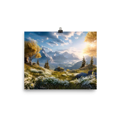 Berglandschaft mit Sonnenschein, Blumen und Bäumen - Malerei - Poster berge xxx 20.3 x 25.4 cm