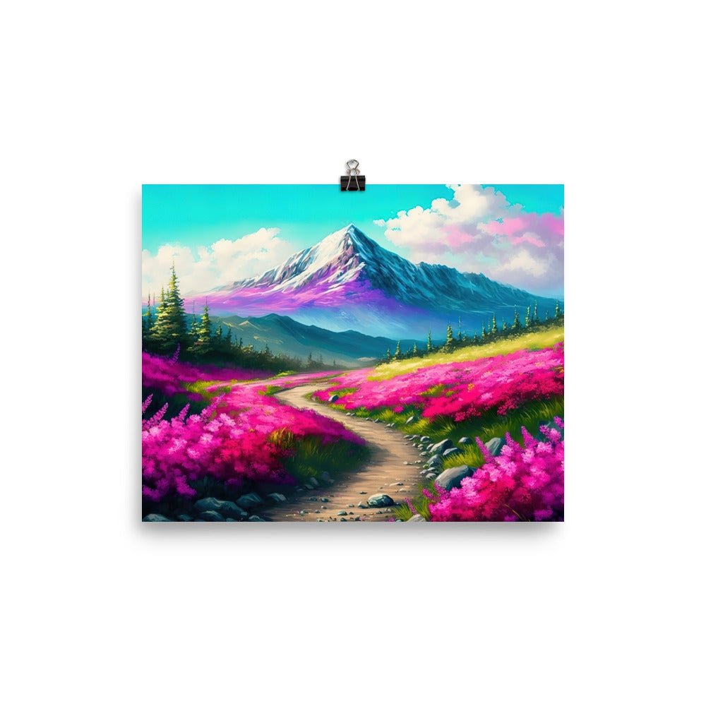 Berg, pinke Blumen und Wanderweg - Landschaftsmalerei - Poster berge xxx 20.3 x 25.4 cm