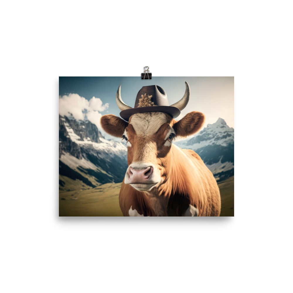Kuh mit Hut in den Alpen - Berge im Hintergrund - Landschaftsmalerei - Poster berge xxx 20.3 x 25.4 cm
