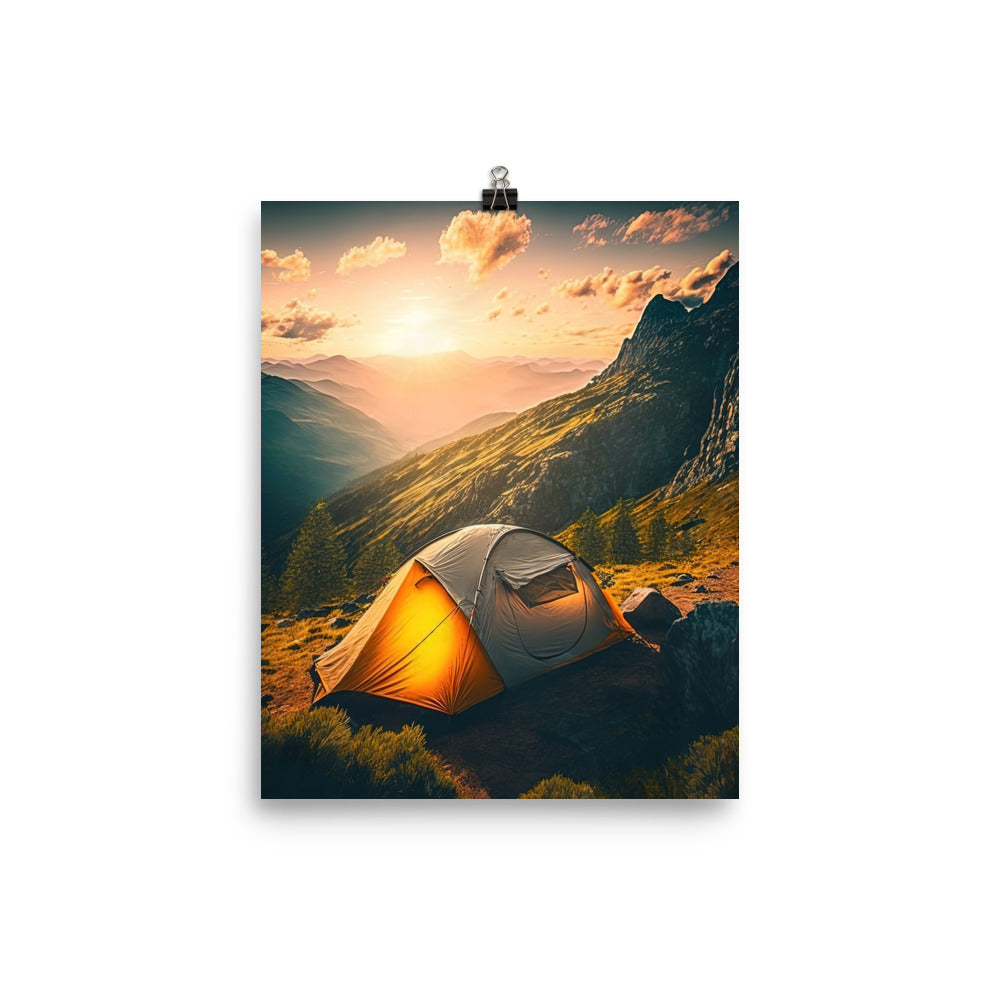 Zelt auf Berg im Sonnenaufgang - Landschafts - Poster camping xxx 20.3 x 25.4 cm