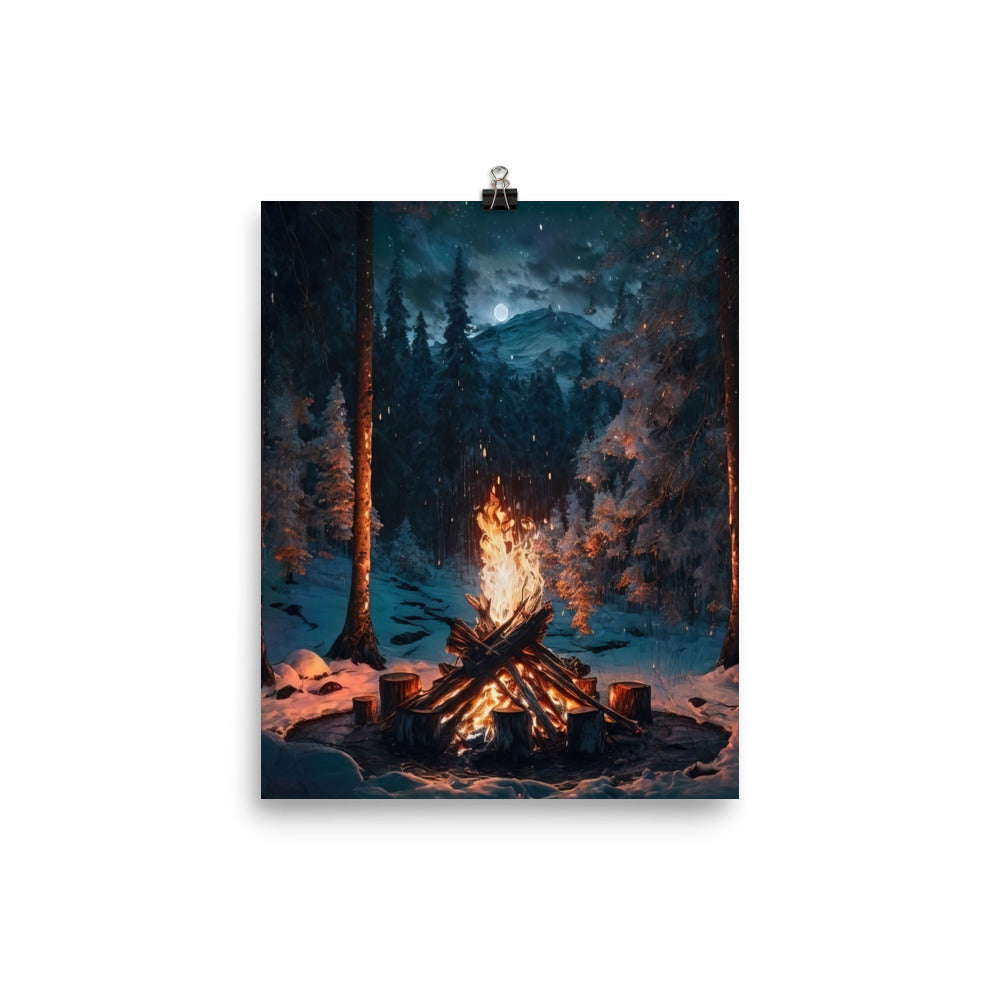 Lagerfeuer beim Camping - Wald mit Schneebedeckten Bäumen - Malerei - Poster camping xxx 20.3 x 25.4 cm