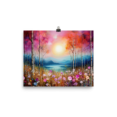 Berge, See, pinke Bäume und Blumen - Malerei - Poster berge xxx 20.3 x 25.4 cm