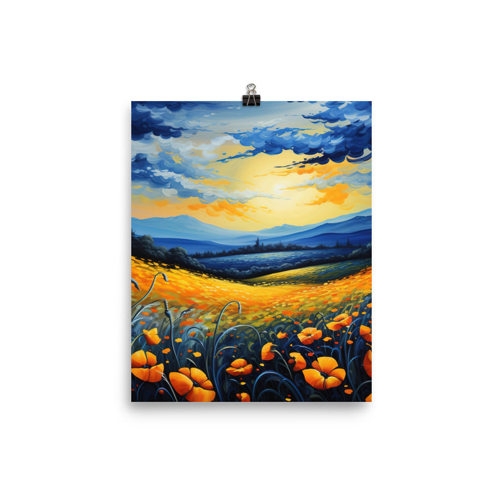 Berglandschaft mit schönen gelben Blumen - Landschaftsmalerei - Poster berge xxx 20.3 x 25.4 cm