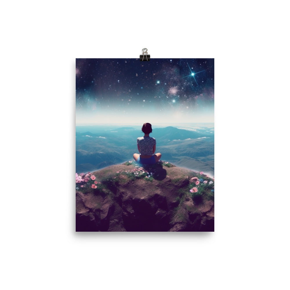 Frau sitzt auf Berg – Cosmos und Sterne im Hintergrund - Landschaftsmalerei - Poster berge xxx 20.3 x 25.4 cm
