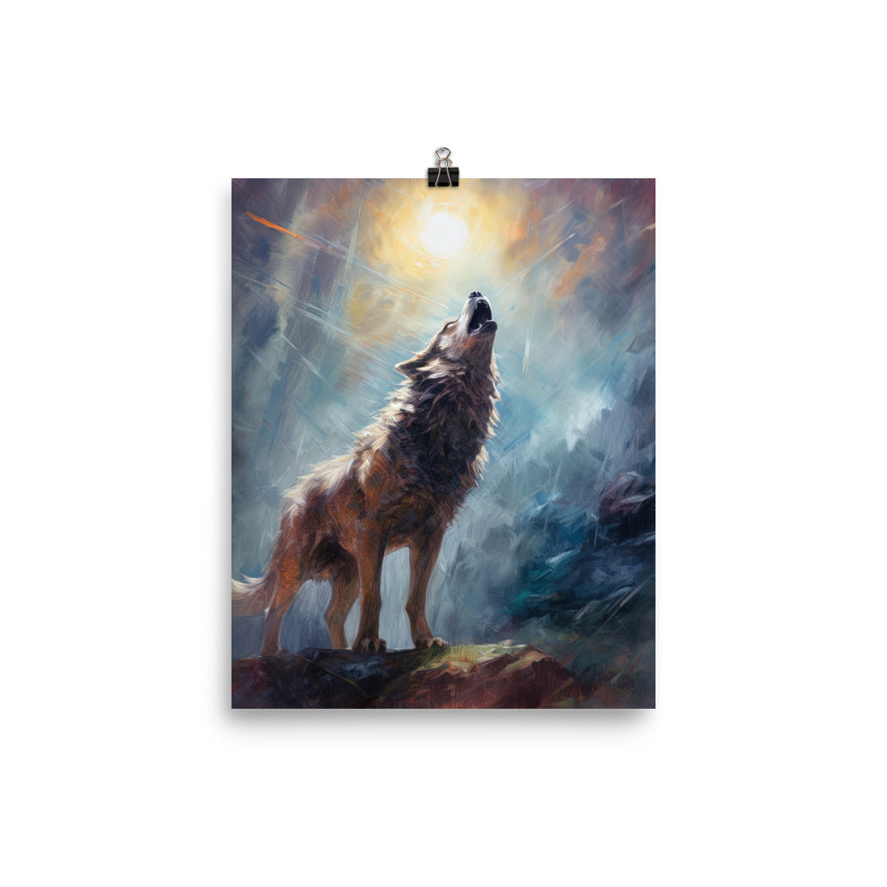 Heulender Wolf auf Berggipfel und Mond im Hintergrund – Abstrakte Malerei - Poster camping xxx 20.3 x 25.4 cm
