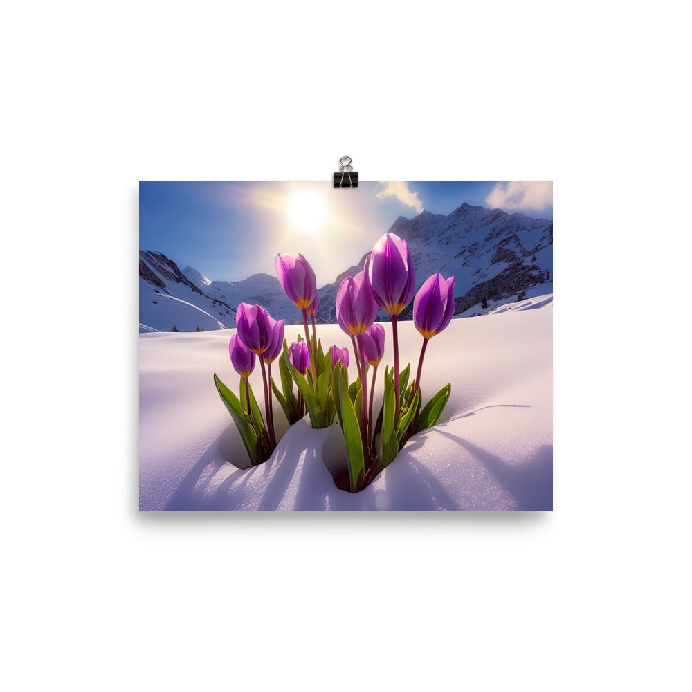 Tulpen im Schnee und in den Bergen - Blumen im Winter - Poster berge xxx 20.3 x 25.4 cm