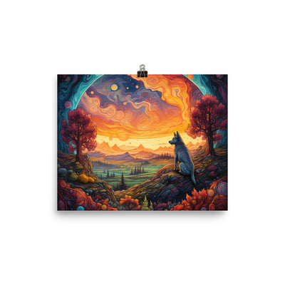 Hund auf Felsen - Epische bunte Landschaft - Malerei - Poster camping xxx 20.3 x 25.4 cm