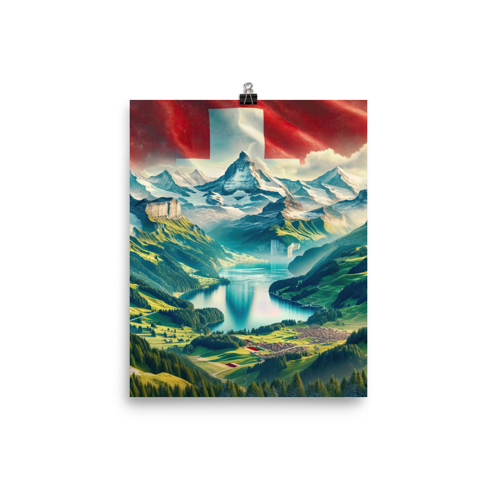 Berg Panorama: Schneeberge und Täler mit Schweizer Flagge - Poster berge xxx yyy zzz 20.3 x 25.4 cm