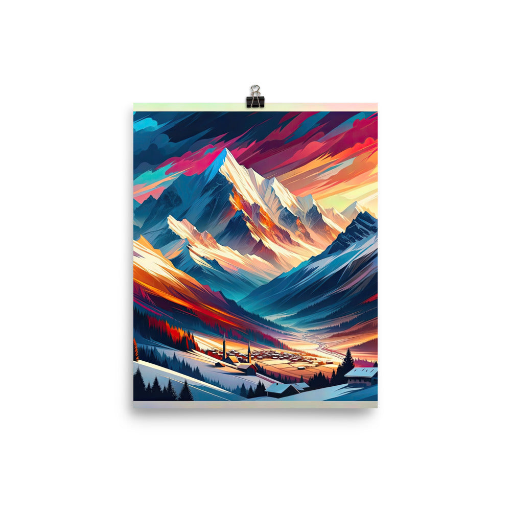 Moderne geometrische Alpen Kunst: Warmer Sonnenuntergangs Schein auf Schneegipfeln - Poster berge xxx yyy zzz 20.3 x 25.4 cm