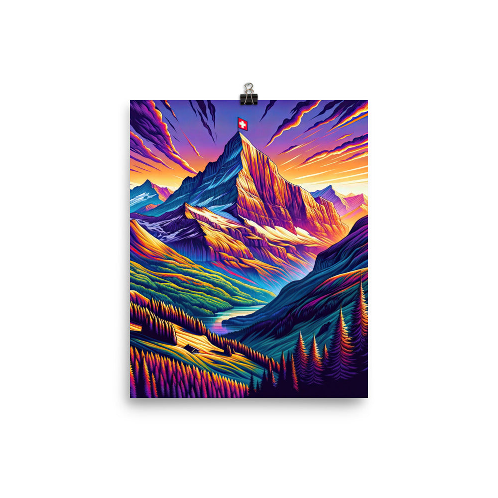 Bergpracht mit Schweizer Flagge: Farbenfrohe Illustration einer Berglandschaft - Poster berge xxx yyy zzz 20.3 x 25.4 cm