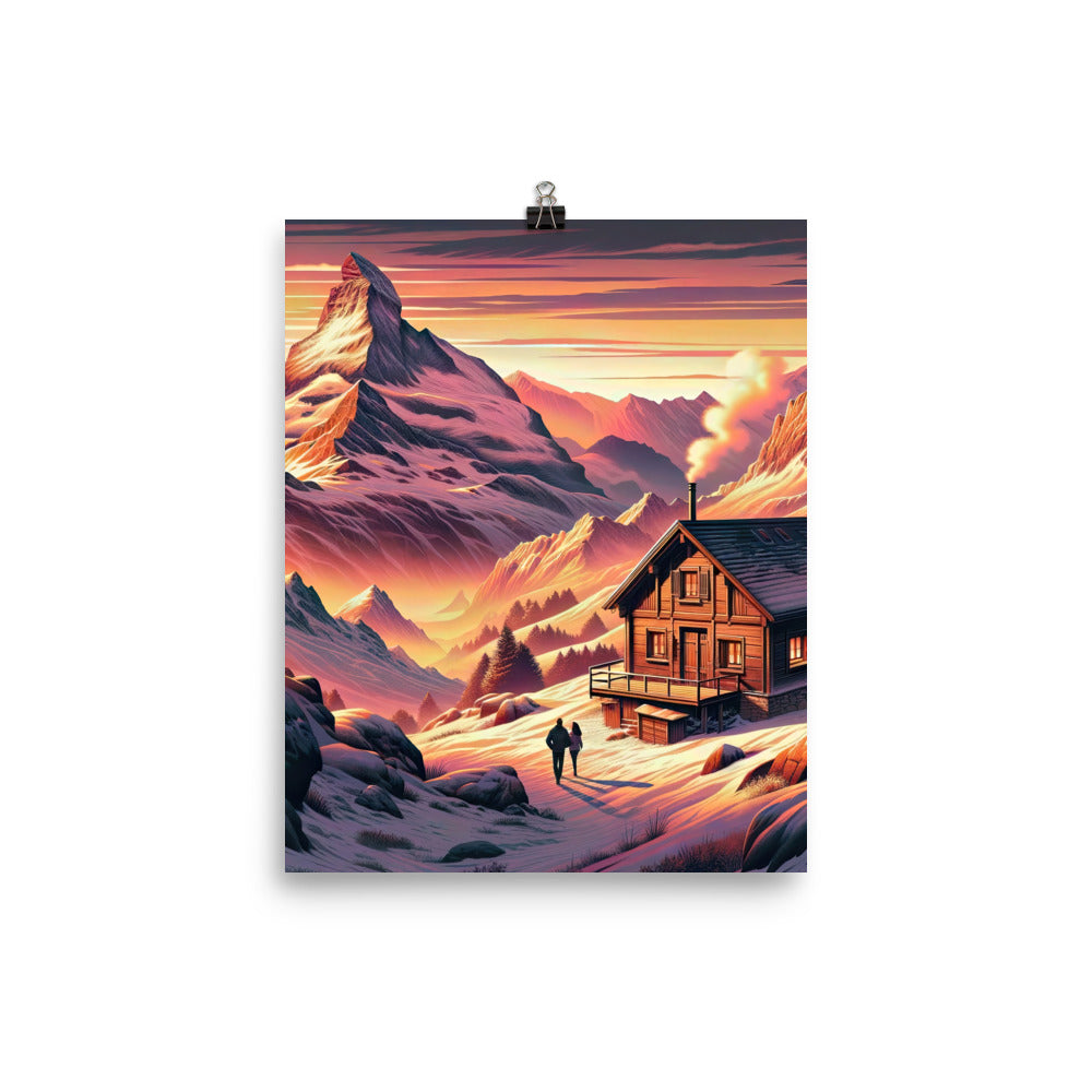 Berghütte im goldenen Sonnenuntergang: Digitale Alpenillustration - Poster berge xxx yyy zzz 20.3 x 25.4 cm