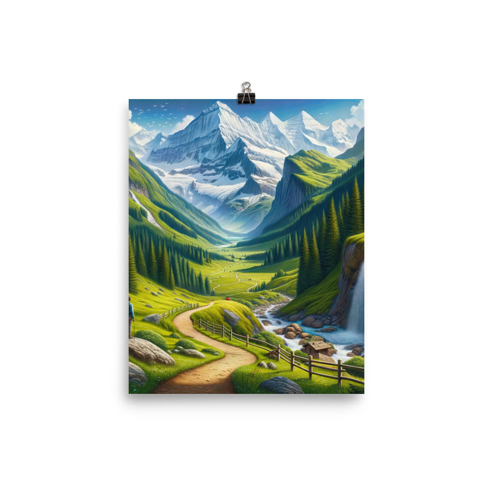 Wanderer in den Bergen und Wald: Digitale Malerei mit grünen kurvenreichen Pfaden - Poster wandern xxx yyy zzz 20.3 x 25.4 cm