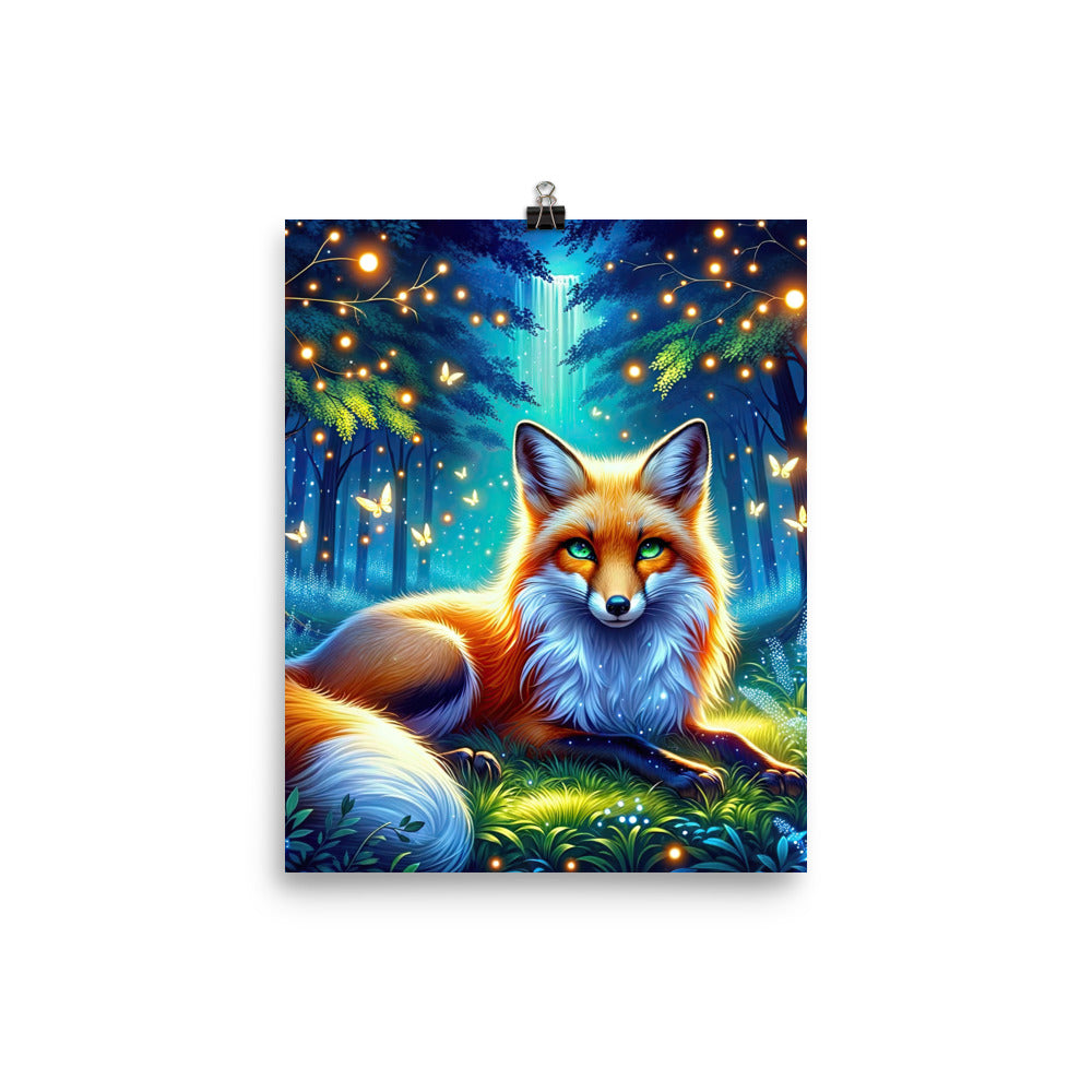 Funkelnder Nachtfuchs auf Waldlichtung mit Feuerwerk - Poster camping xxx yyy zzz 20.3 x 25.4 cm