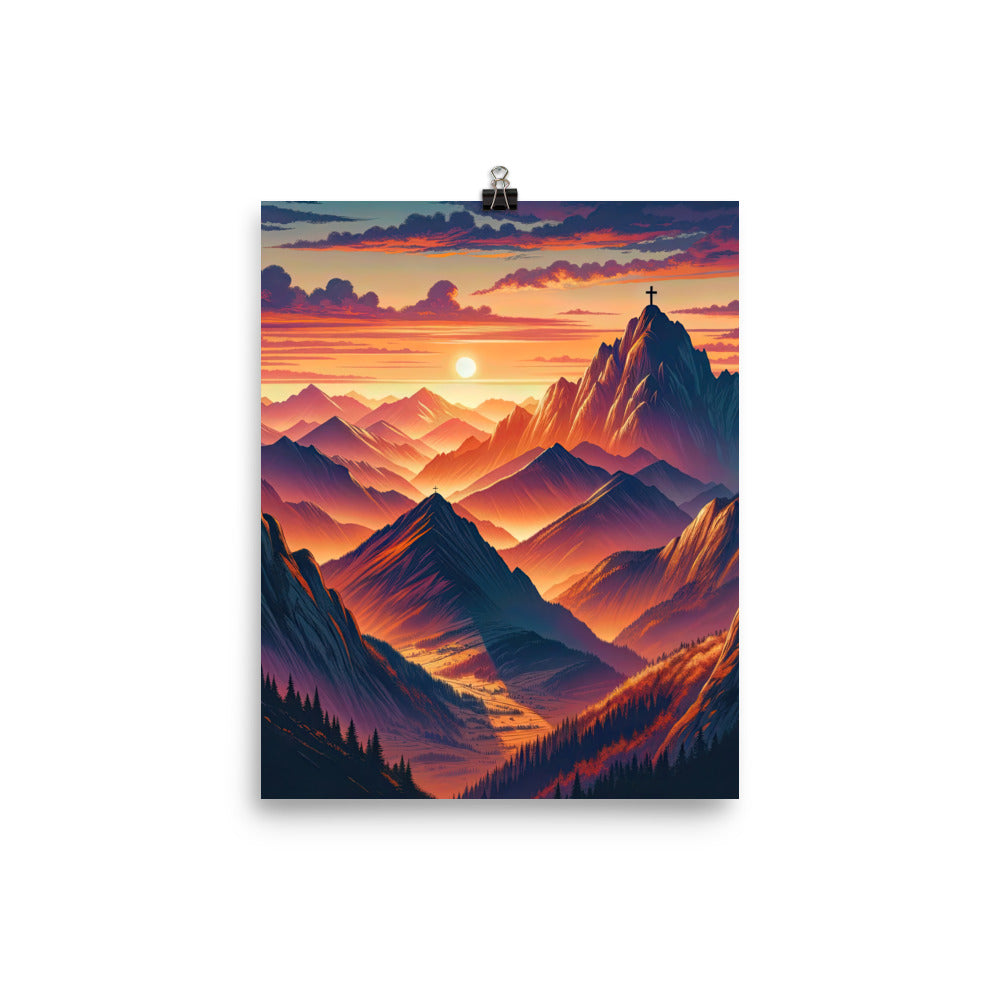 Dramatischer Alpen-Sonnenuntergang, Gipfelkreuz in Orange-Rosa - Poster berge xxx yyy zzz 20.3 x 25.4 cm