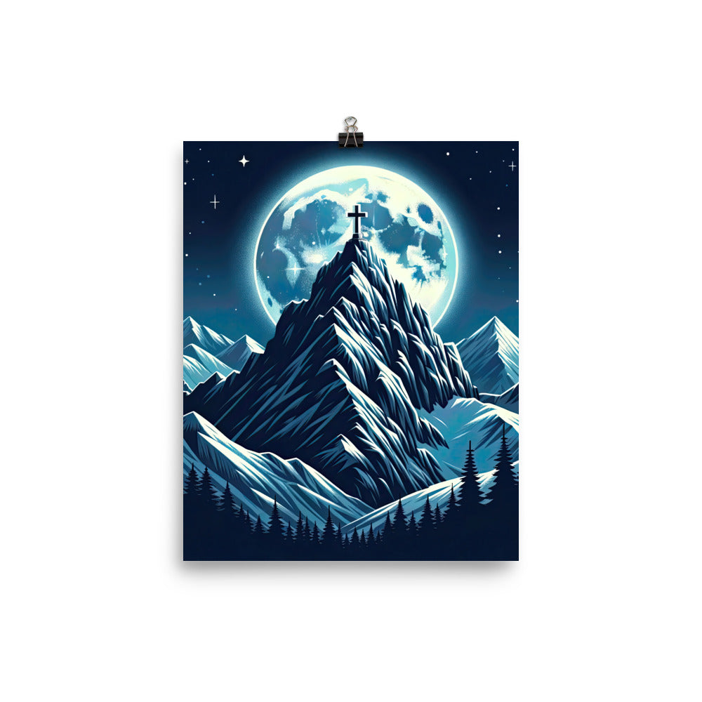 Mondnacht und Gipfelkreuz in den Alpen, glitzernde Schneegipfel - Poster berge xxx yyy zzz 20.3 x 25.4 cm