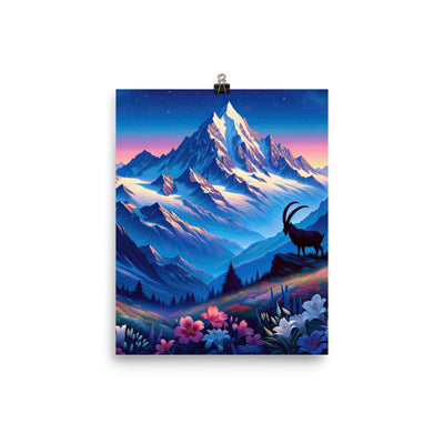 Steinbock bei Dämmerung in den Alpen, sonnengeküsste Schneegipfel - Poster berge xxx yyy zzz 20.3 x 25.4 cm