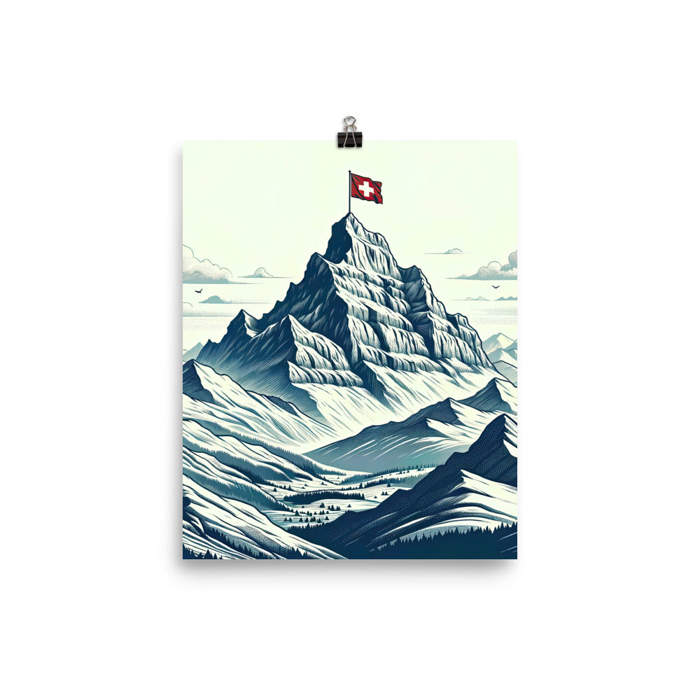Ausgedehnte Bergkette mit dominierendem Gipfel und wehender Schweizer Flagge - Poster berge xxx yyy zzz 20.3 x 25.4 cm