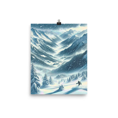 Alpine Wildnis im Wintersturm mit Skifahrer, verschneite Landschaft - Poster klettern ski xxx yyy zzz 20.3 x 25.4 cm