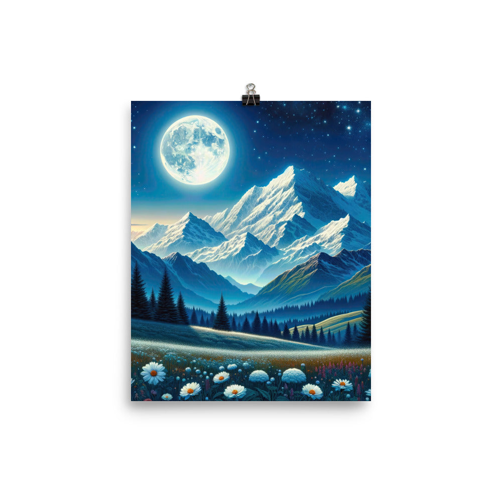 Klare frühlingshafte Alpennacht mit Blumen und Vollmond über Schneegipfeln - Poster berge xxx yyy zzz 20.3 x 25.4 cm
