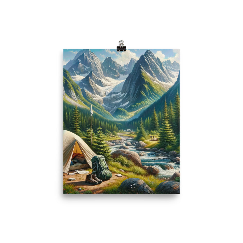 Ölgemälde der Alpensommerlandschaft mit Zelt, Gipfeln, Wäldern und Bächen - Poster camping xxx yyy zzz 20.3 x 25.4 cm
