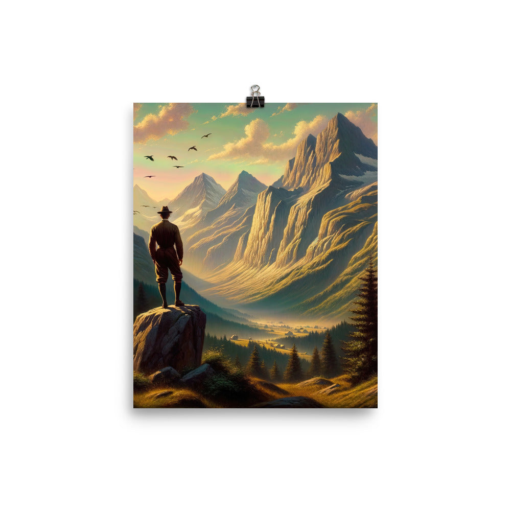 Ölgemälde eines Schweizer Wanderers in den Alpen bei goldenem Sonnenlicht - Poster wandern xxx yyy zzz 20.3 x 25.4 cm