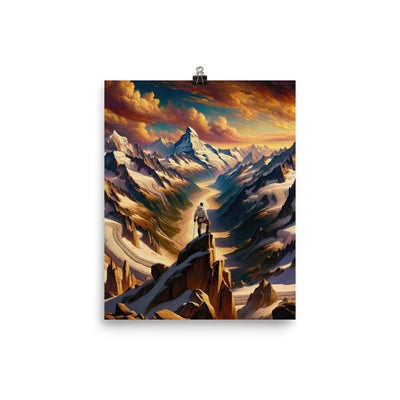 Ölgemälde eines Wanderers auf einem Hügel mit Panoramablick auf schneebedeckte Alpen und goldenen Himmel - Enhanced Matte Paper Poster wandern xxx yyy zzz 20.3 x 25.4 cm