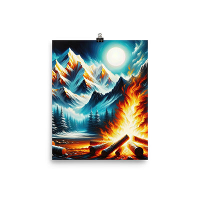 Ölgemälde von Feuer und Eis: Lagerfeuer und Alpen im Kontrast, warme Flammen - Poster camping xxx yyy zzz 20.3 x 25.4 cm