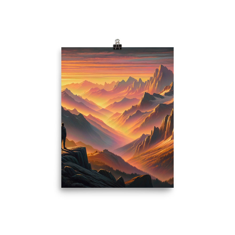 Ölgemälde der Alpen in der goldenen Stunde mit Wanderer, Orange-Rosa Bergpanorama - Poster wandern xxx yyy zzz 20.3 x 25.4 cm