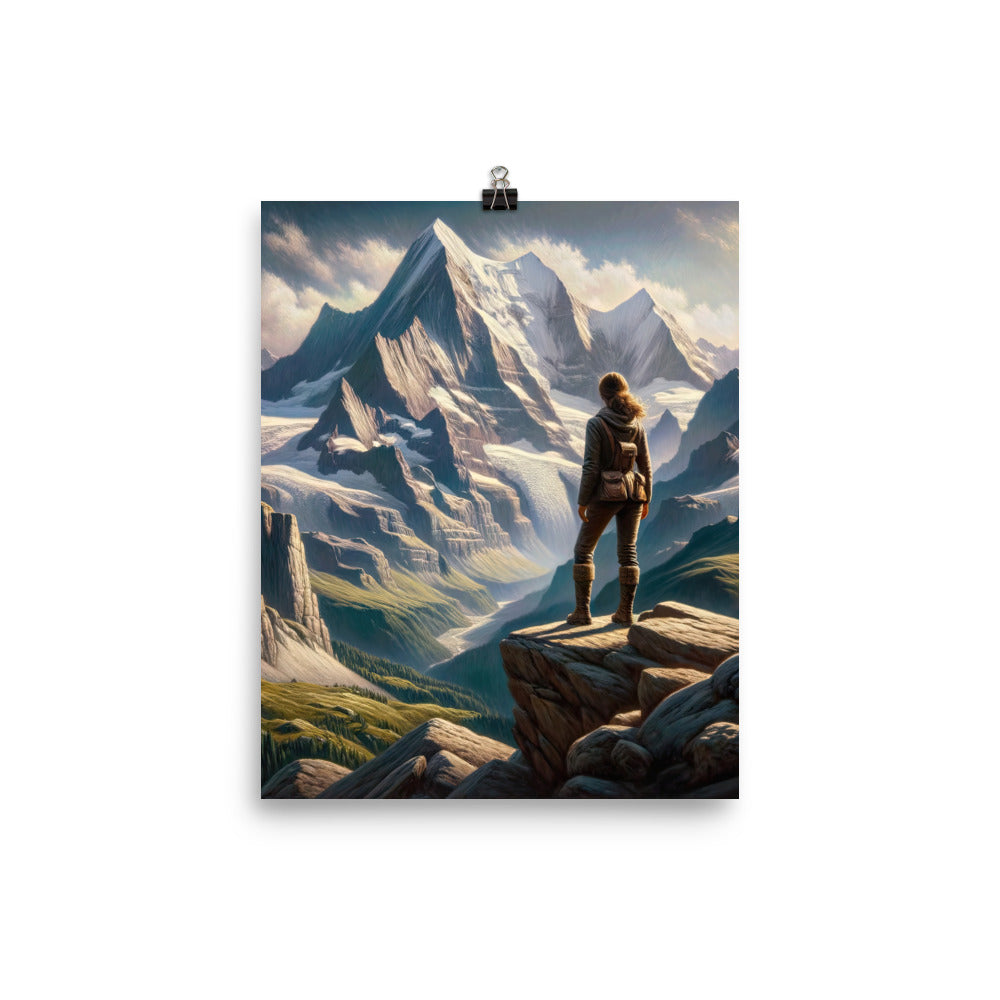 Ölgemälde der Alpengipfel mit Schweizer Abenteurerin auf Felsvorsprung - Poster wandern xxx yyy zzz 20.3 x 25.4 cm