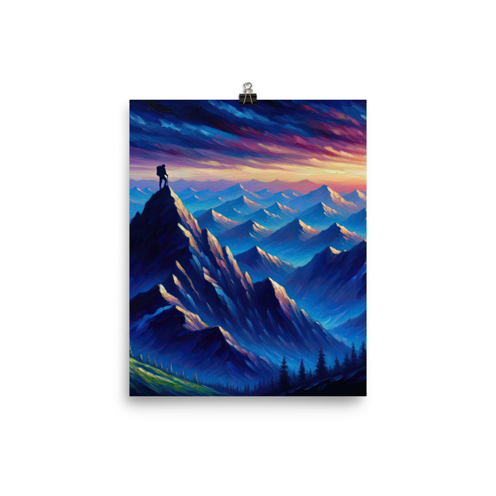 Ölgemälde eines ruhigen Alpenabends mit Bergsteigersilhouette auf dem Gipfel - Poster wandern xxx yyy zzz 20.3 x 25.4 cm