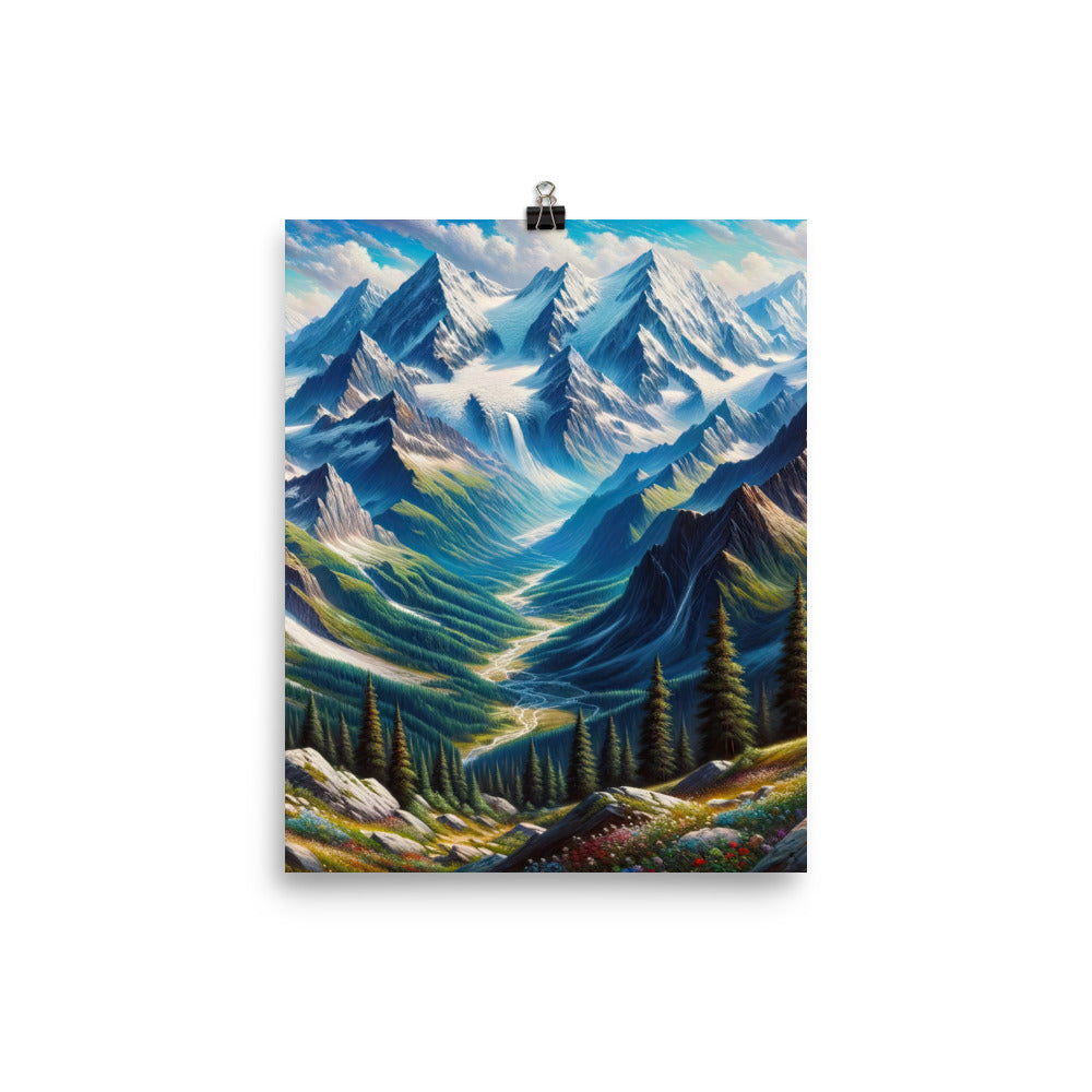 Panorama-Ölgemälde der Alpen mit schneebedeckten Gipfeln und schlängelnden Flusstälern - Poster berge xxx yyy zzz 20.3 x 25.4 cm