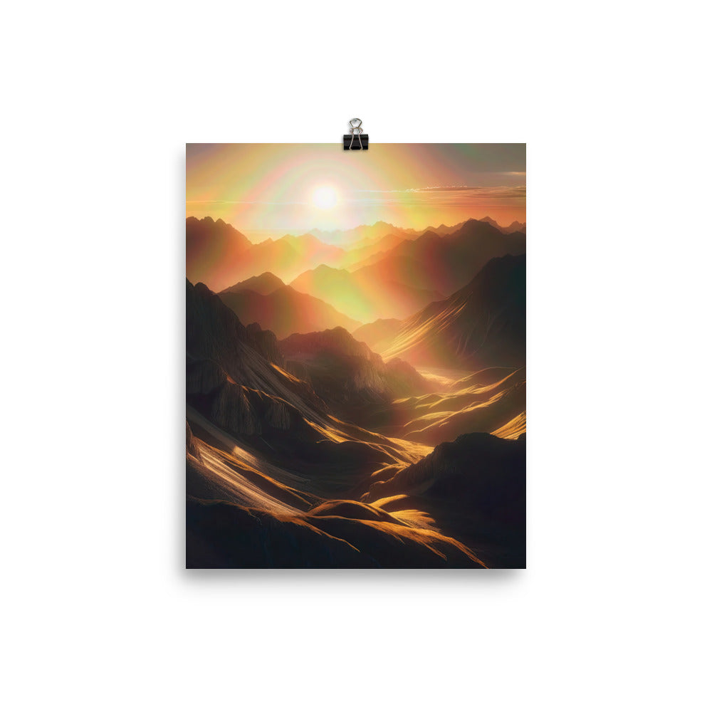 Foto der goldenen Stunde in den Bergen mit warmem Schein über zerklüftetem Gelände - Poster berge xxx yyy zzz 20.3 x 25.4 cm