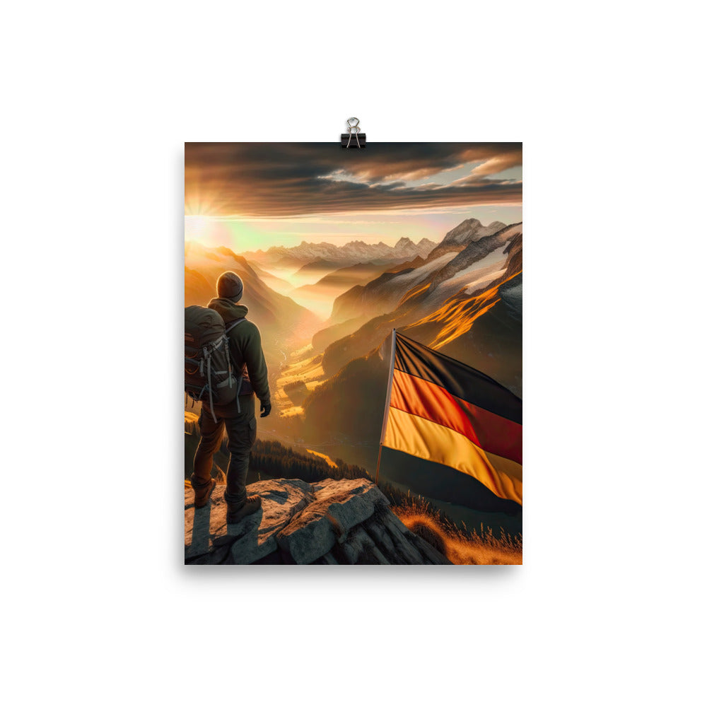 Foto der Alpen bei Sonnenuntergang mit deutscher Flagge und Wanderer, goldenes Licht auf Schneegipfeln - Enhanced Matte Paper Poster berge xxx yyy zzz 20.3 x 25.4 cm