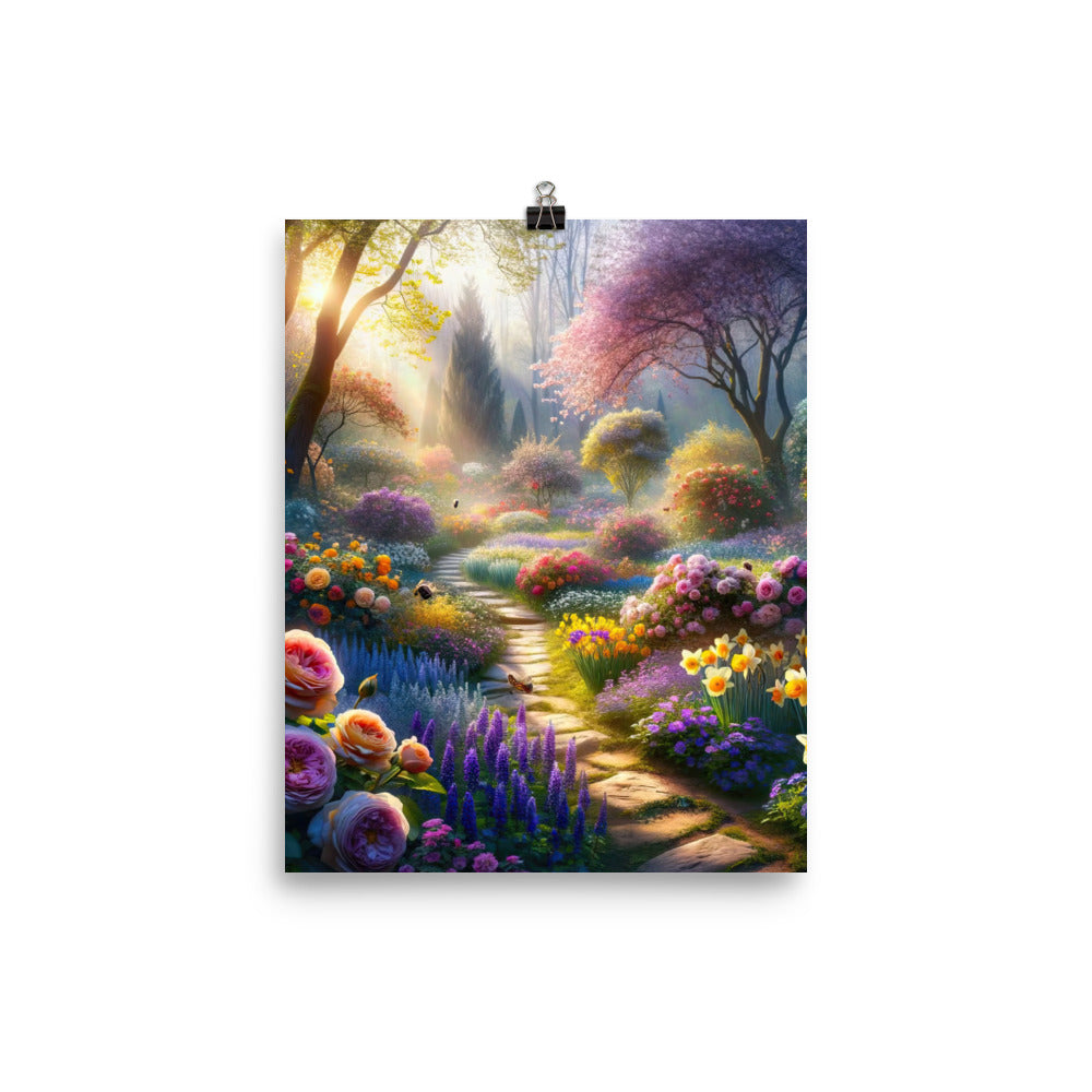 Foto einer Gartenszene im Frühling mit Weg durch blühende Rosen und Veilchen - Poster camping xxx yyy zzz 20.3 x 25.4 cm