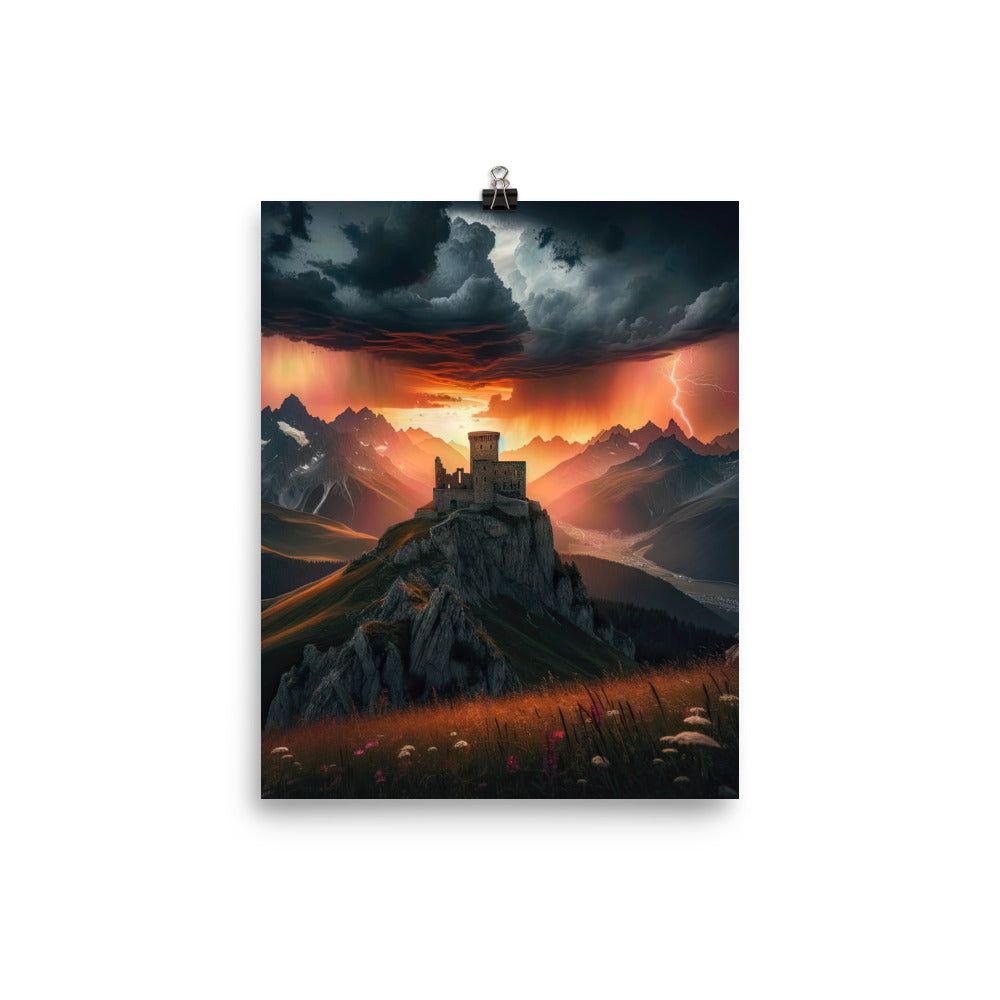 Foto einer Alpenburg bei stürmischem Sonnenuntergang, dramatische Wolken und Sonnenstrahlen - Poster berge xxx yyy zzz 20.3 x 25.4 cm