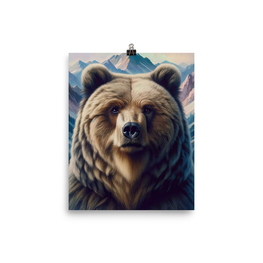 Foto eines Bären vor abstrakt gemalten Alpenbergen, Oberkörper im Fokus - Poster camping xxx yyy zzz 20.3 x 25.4 cm