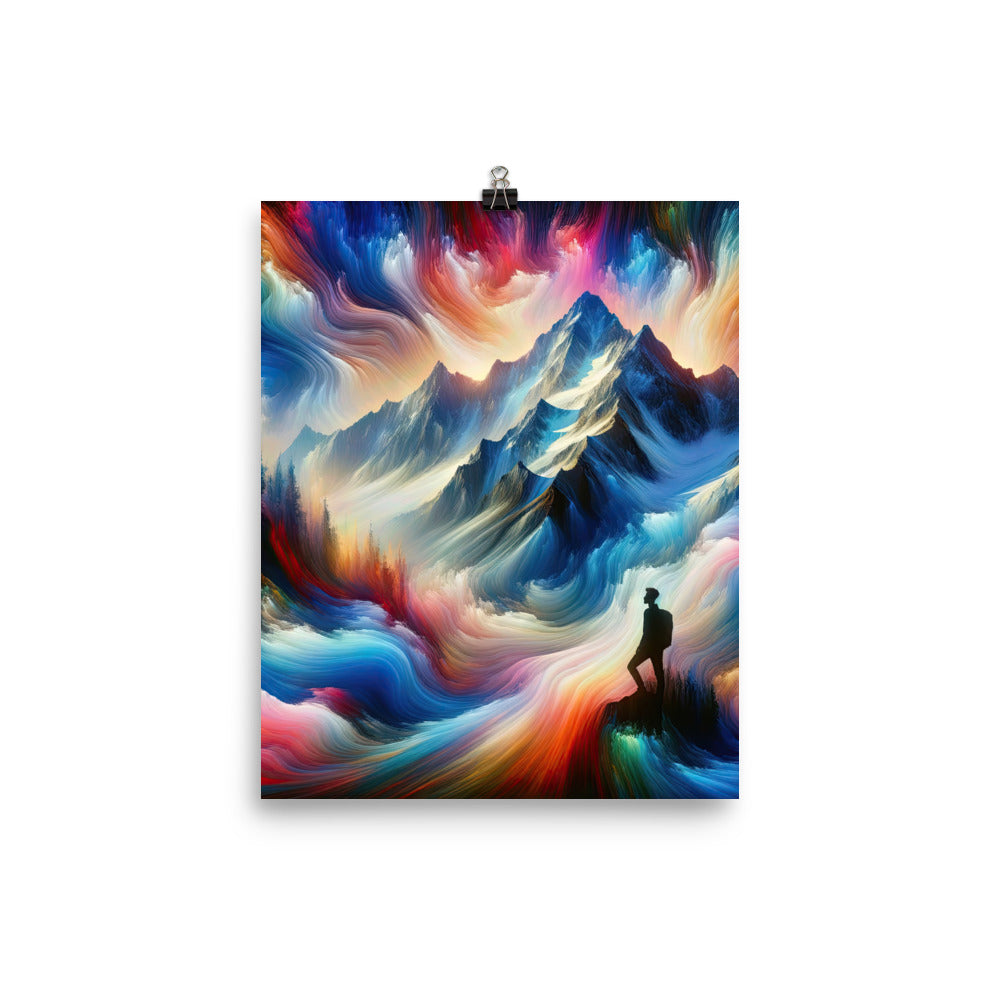 Foto eines abstrakt-expressionistischen Alpengemäldes mit Wanderersilhouette - Poster wandern xxx yyy zzz 20.3 x 25.4 cm